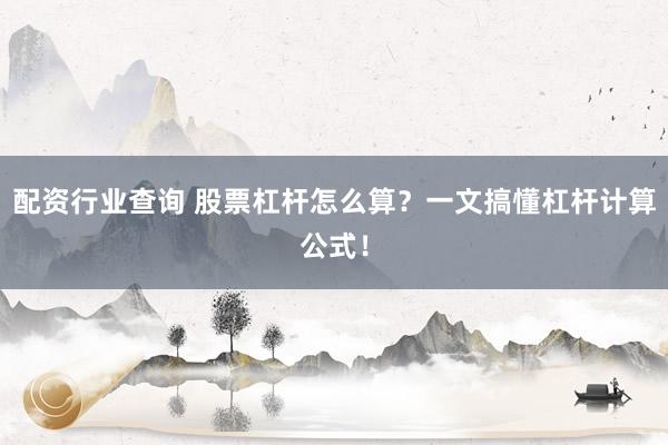 配资行业查询 股票杠杆怎么算？一文搞懂杠杆计算公式！